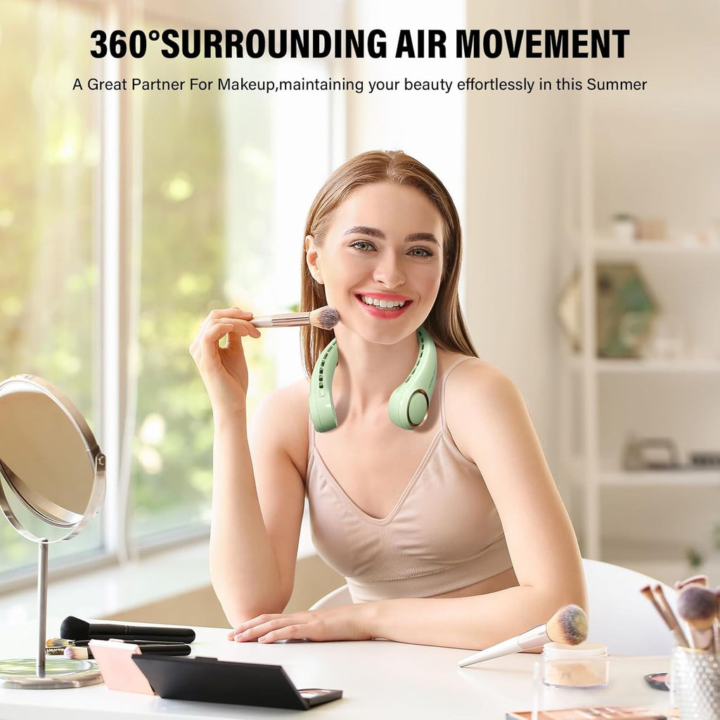 Portable Neck Fan, USB Rechargeable Personal Fan, 3 Speeds Adjustable, Large air outlet Powerful Strong Wind, Adjustable, 360° Cooling, Super Quiet, No Blade Design, No Hair Twisting,(Green)