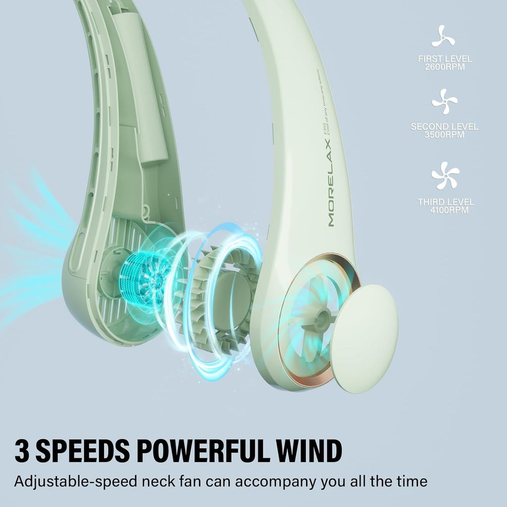 Portable Neck Fan, USB Rechargeable Personal Fan, 3 Speeds Adjustable, Large air outlet Powerful Strong Wind, Adjustable, 360° Cooling, Super Quiet, No Blade Design, No Hair Twisting,(Green)